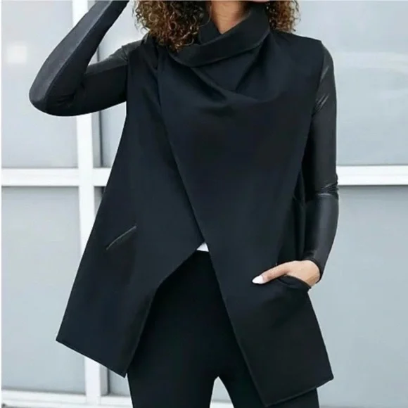 SPANX Faux Leather Sleeve Drape Front Jacket Black L Ponte Moto Blazer 50176R - Picture 3 of 16